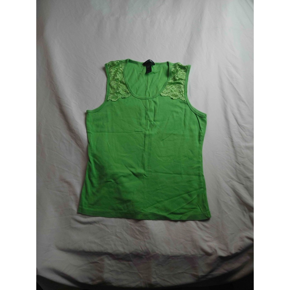 Moda International Tank Top Womens Large Green Knit Lace Trim Scoop Neck Casual